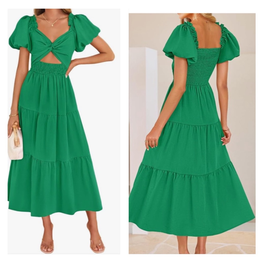 Elegant Green Puff Sleeve Dress with pockets